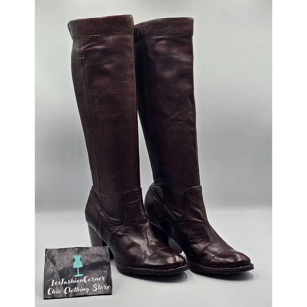 Frye Women's Brown Leather Rory Scrunch Knee-High Heeled Boots Size 7 3242 - Picture 11 of 16